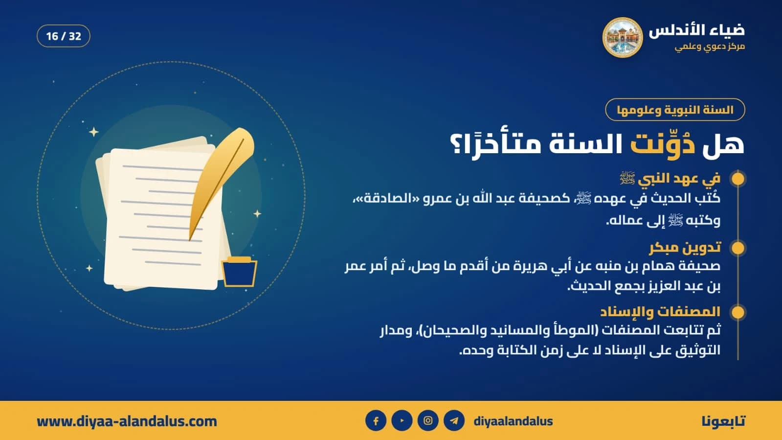 هل دُوّنت السنة متأخرًا؟ — بنر تعريفي من ضياء الأندلس