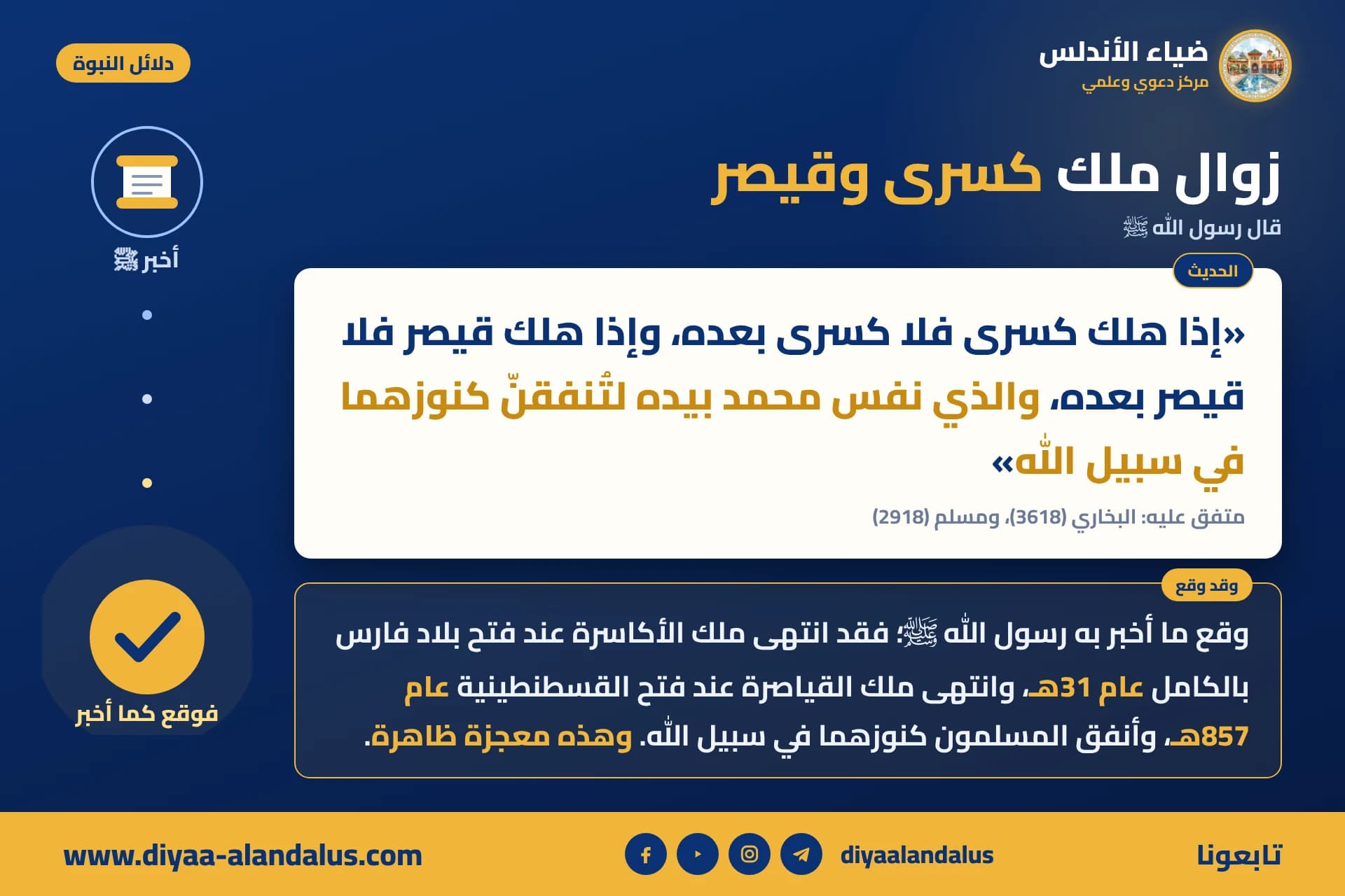 زوال ملك كسرى وقيصر — بنر من سلسلة دلائل النبوة في ضياء الأندلس