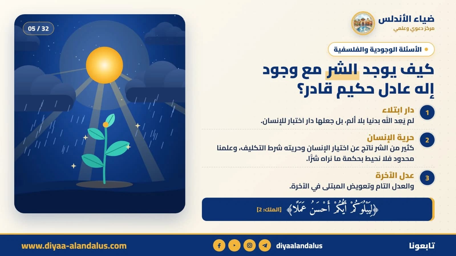 كيف يوجد الشر مع وجود إله عادل حكيم قادر؟ — بنر تعريفي من ضياء الأندلس