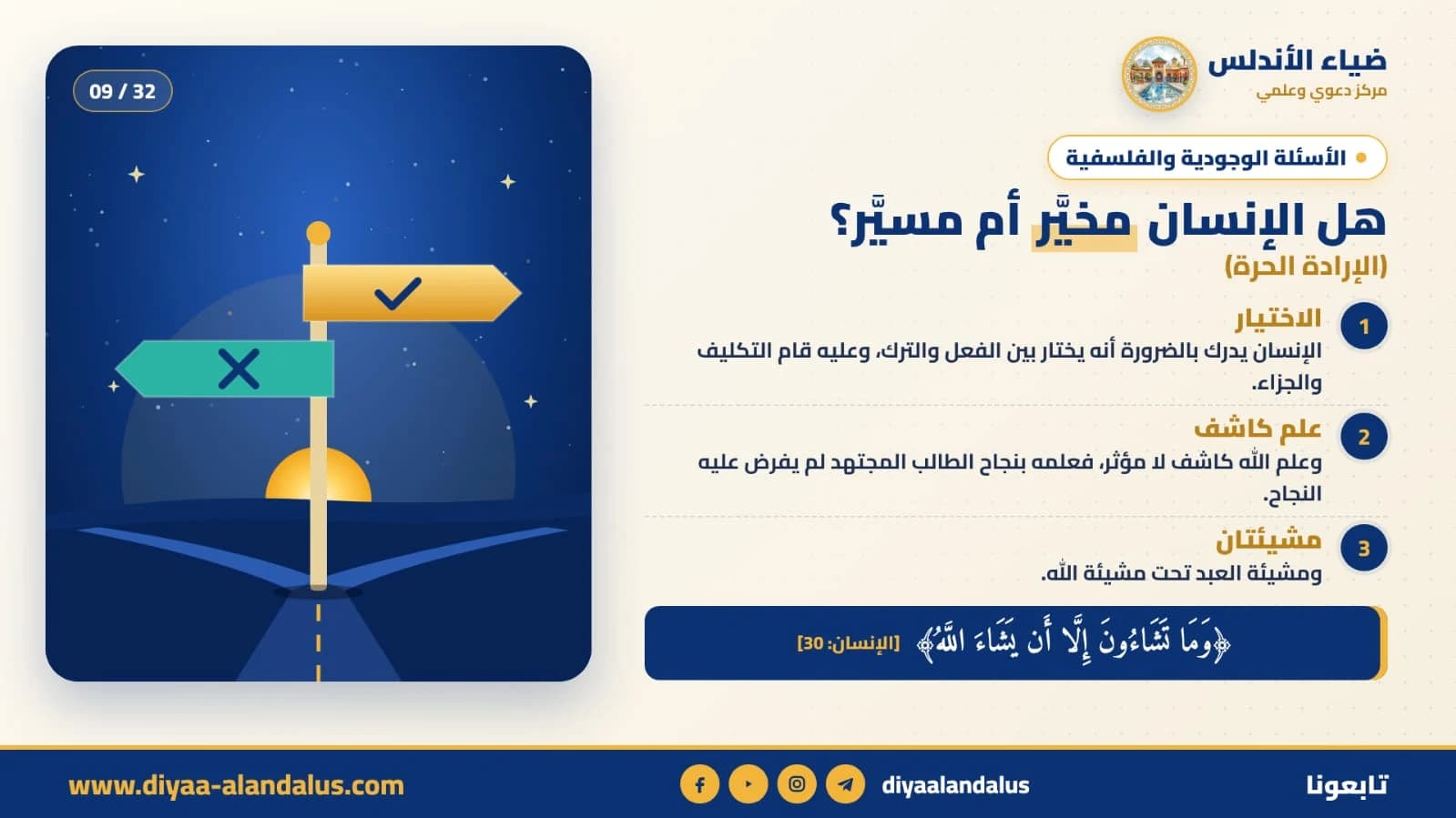 هل الإنسان مخيّر أم مسيّر؟ (الإرادة الحرة) — بنر تعريفي من ضياء الأندلس