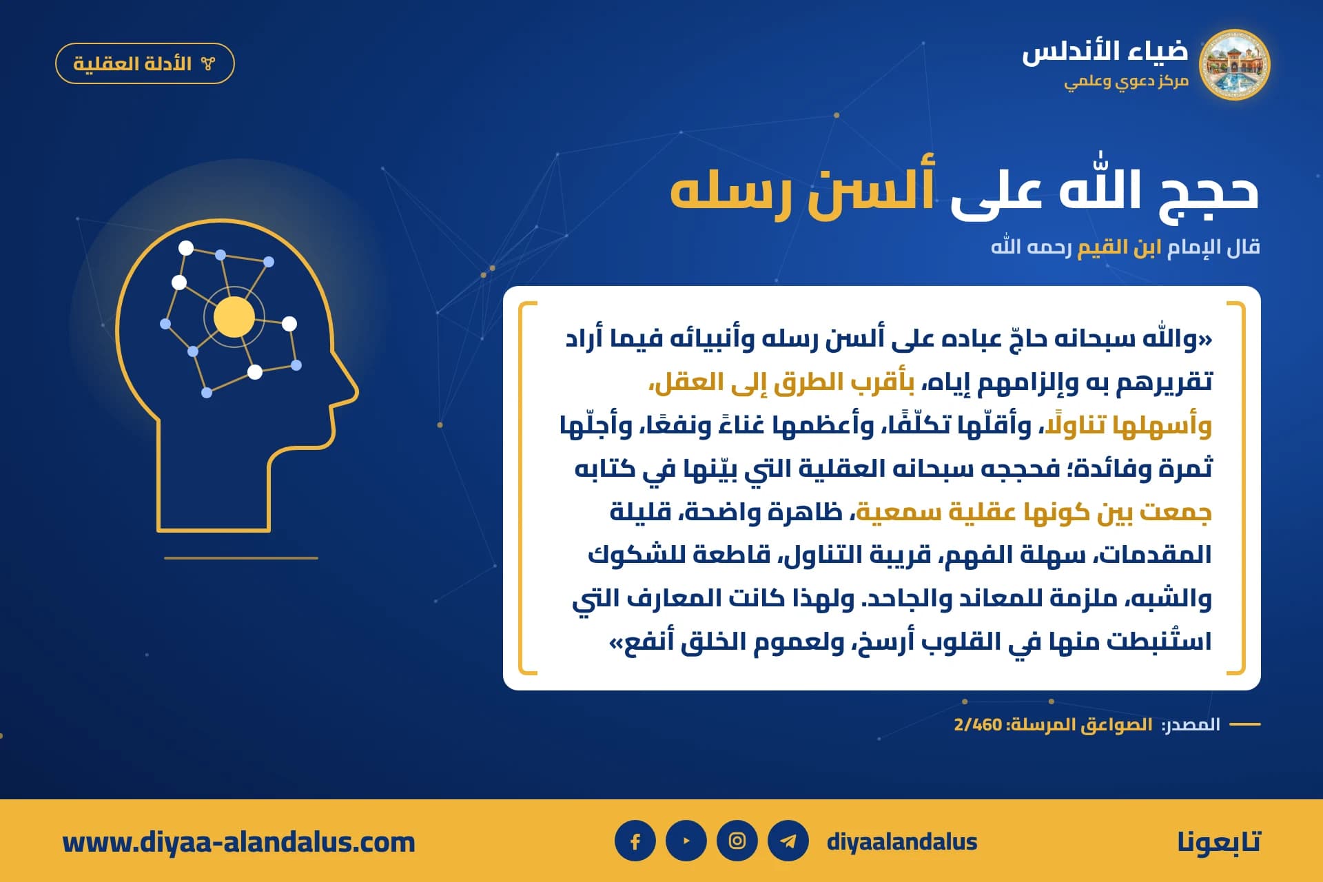 حجج الله على ألسن رسله — بنر من سلسلة الأدلة العقلية في ضياء الأندلس