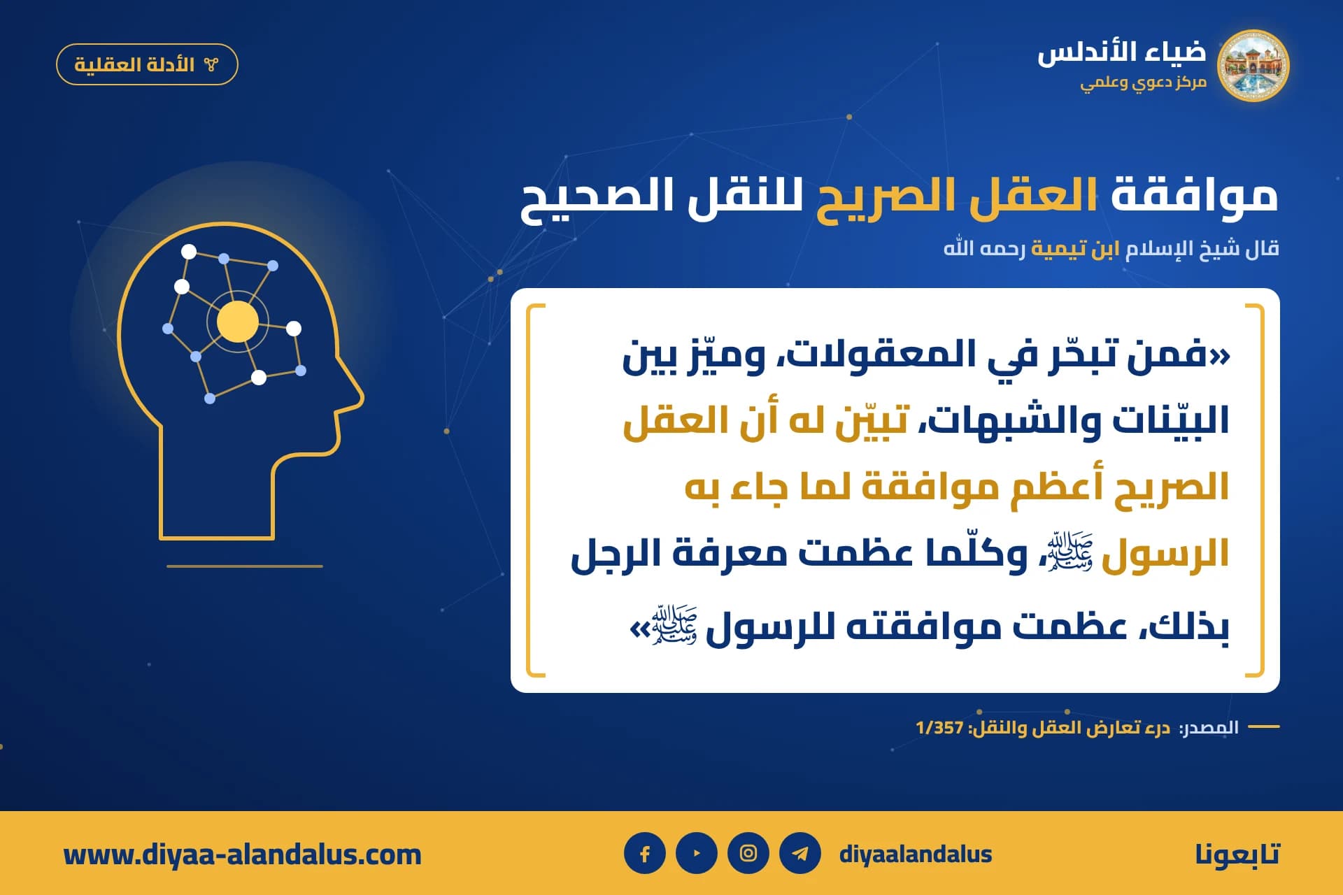 موافقة العقل الصريح للنقل الصحيح — بنر من سلسلة الأدلة العقلية في ضياء الأندلس