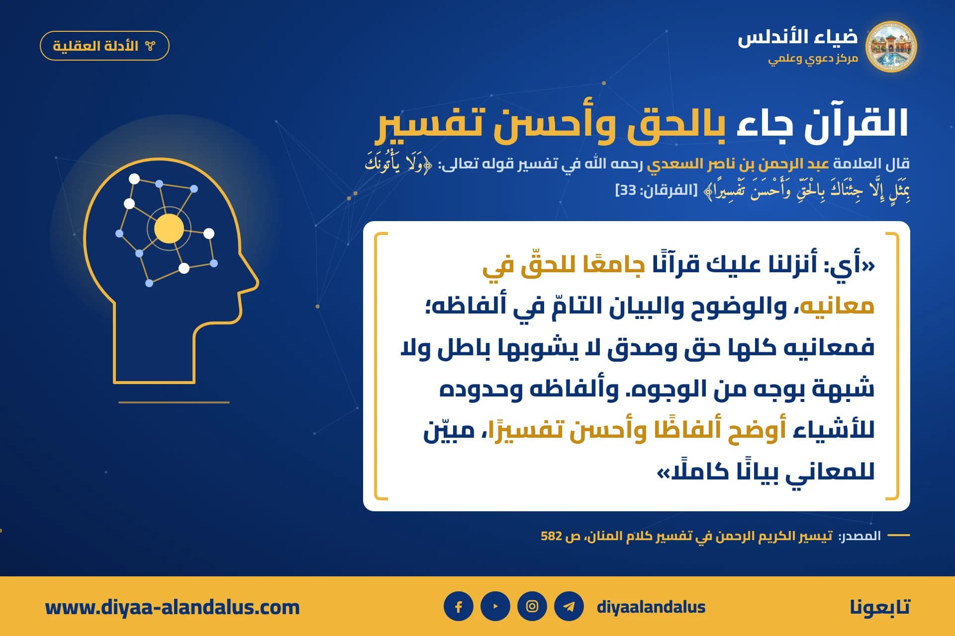 القرآن جاء بالحق وأحسن تفسير — بنر من سلسلة الأدلة العقلية في ضياء الأندلس